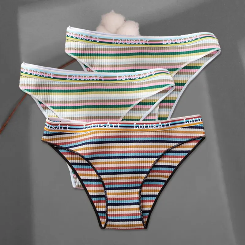 FINETOO 3Pcs/set Colorful Stripes Panties Women's Cotton Briefs M-XL Low-Rise Rainbow Underwear Ladies Underpants Girls Panties