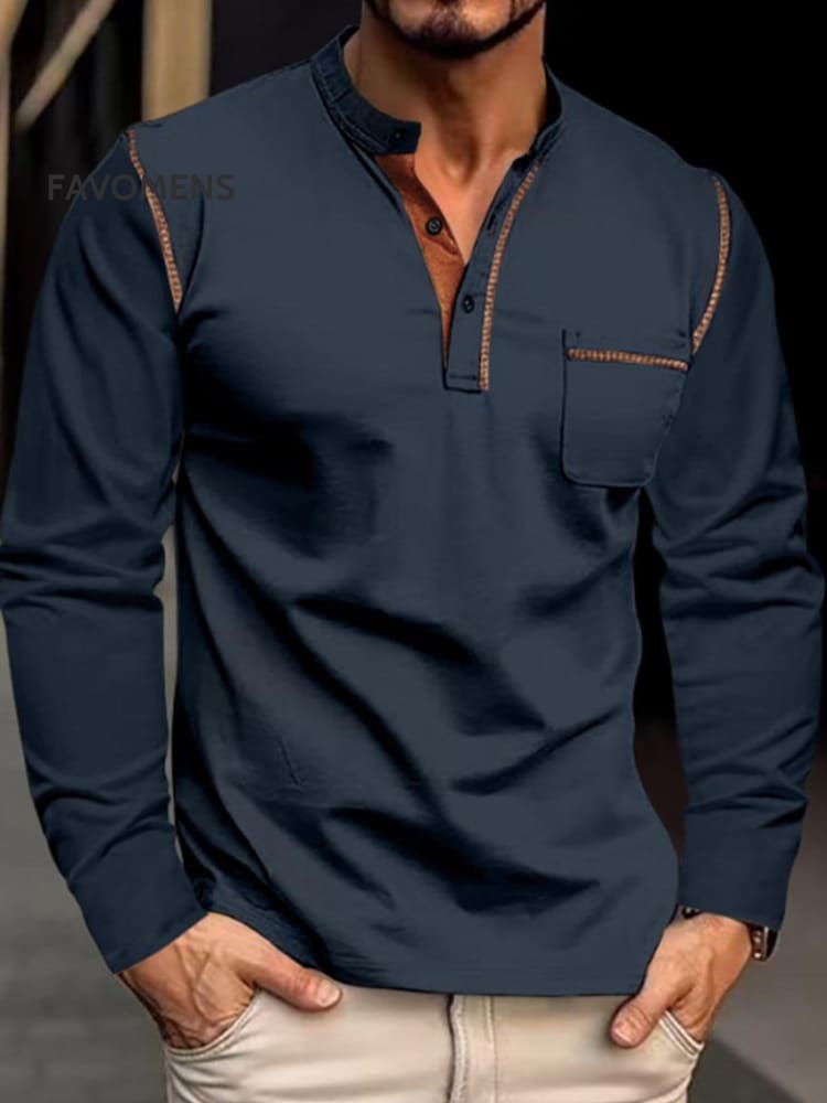 Men&rsquo;s Stand Collar Long Sleeve Polo Shirt For Men Top Blue / S