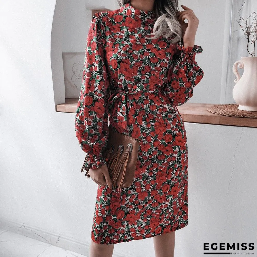 Floral Stand Collar Lantern Long Sleeve Chiffon Dress | EGEMISS