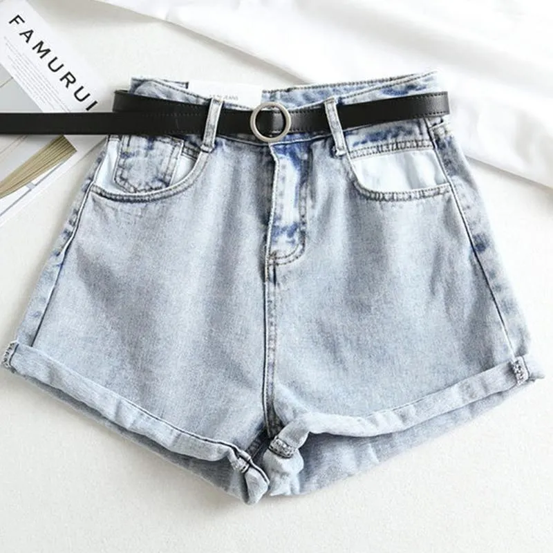 Ailegogo Summer Women Streetwear High Waist Black Wide Leg Jeans Shorts Casual Female Solid Color Loose Denim Shorts With Belt