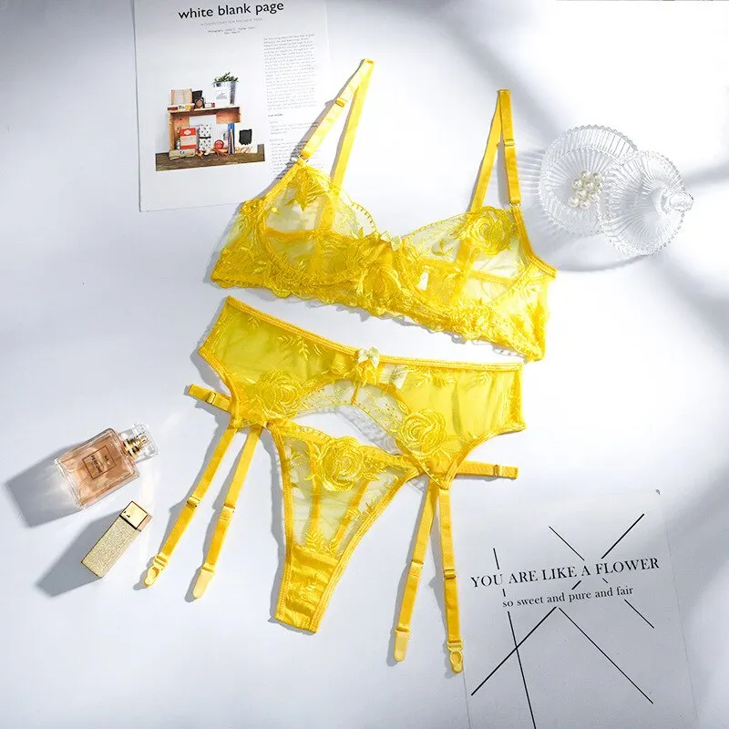 MIRABELLE Erotic Lingerie Woman 3-Piece Transparent Set Fancy Embroidery Underwear Brief Set Sexy Lace Bra And Thong Garters Set