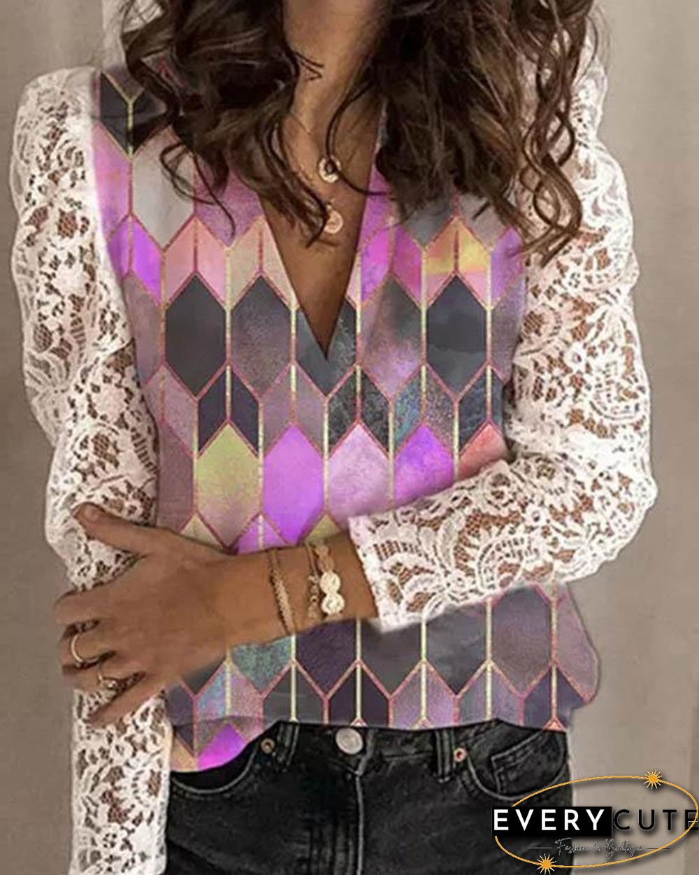 Lace Color Block V Neck Long Sleeves Elegant Blouses