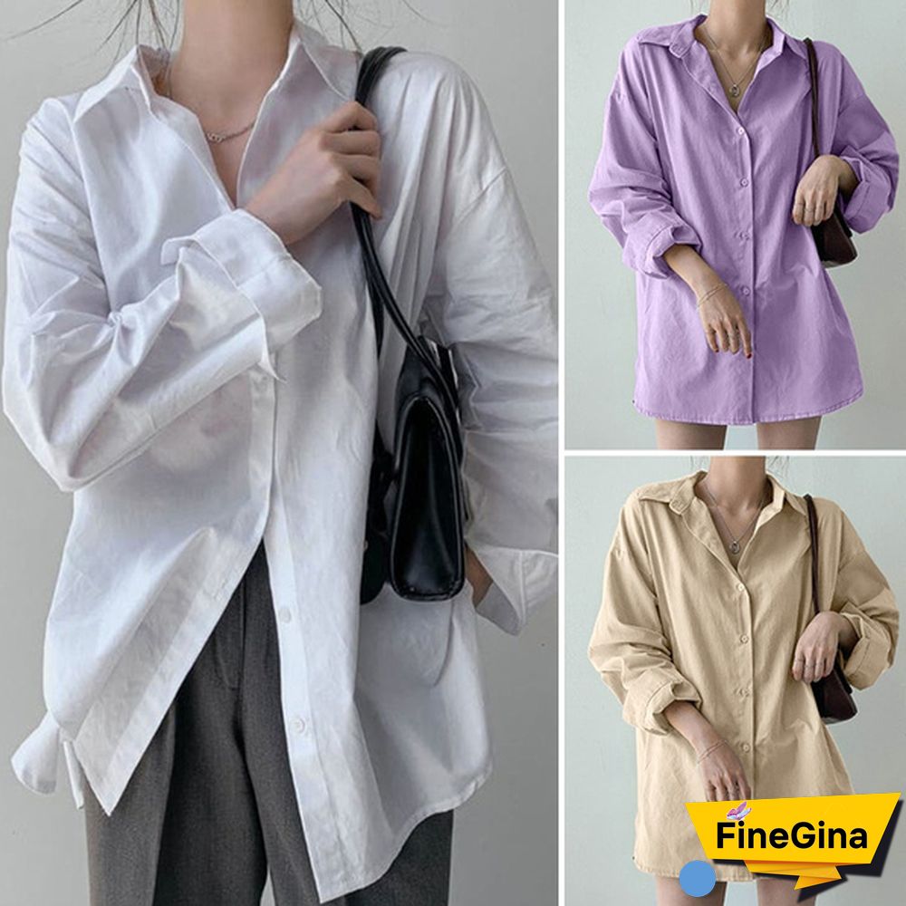 Women Drop Shoulder Long Sleeve Shirt Side Slit Oversized Shirt Casual Blouse