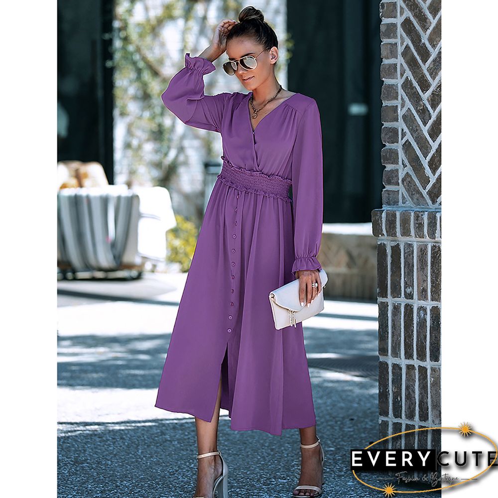 Purple Solid Smocked Waist Swing Maxi Dress