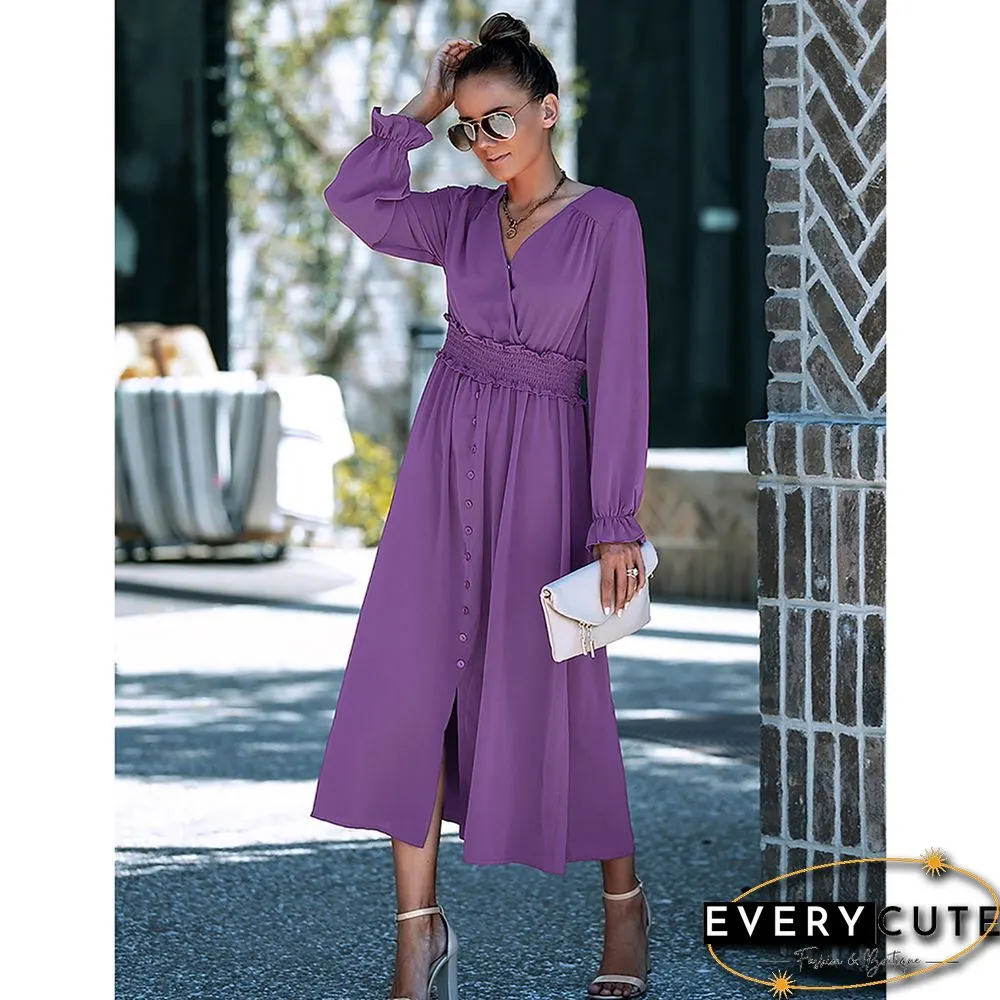 Purple Solid Smocked Waist Swing Maxi Dress