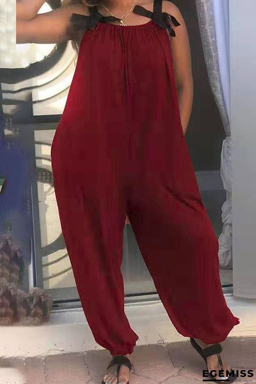 Burgundy Casual Solid Patchwork Spaghetti Strap Loose Jumpsuits | EGEMISS