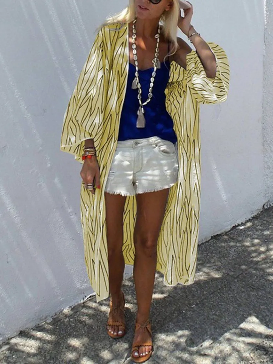 Striped Collarless 3/4 Sleeves Striped Long Cardigan