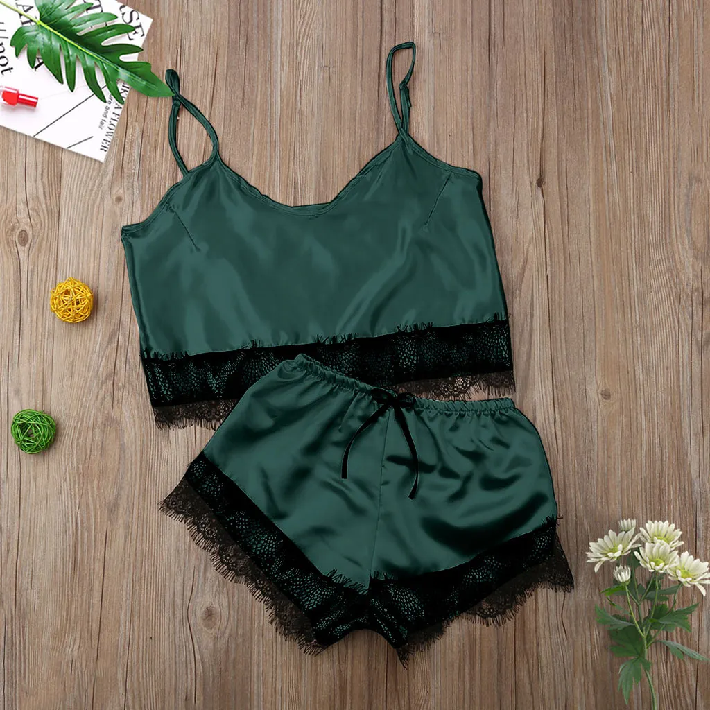 Churchf 2020 New Simulation Lace Trim Split Pajamas Set Sex Lace Set