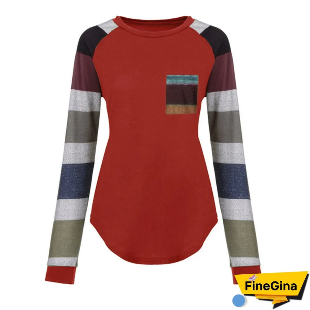 Women Spring-Autumn Stripe Sleeve Patchwork Casual Top T-Shirt Loose Long Sleeve Blouse S-XXL