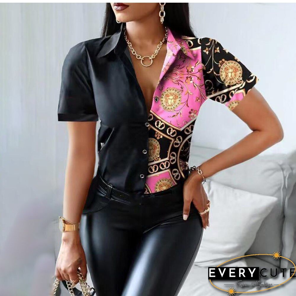 Summer Women Black Floral Print Top Shirt Fashion Casual Short Sleeve Turn-down Collar Tops Shirts New Elegant Slim Button Shirt