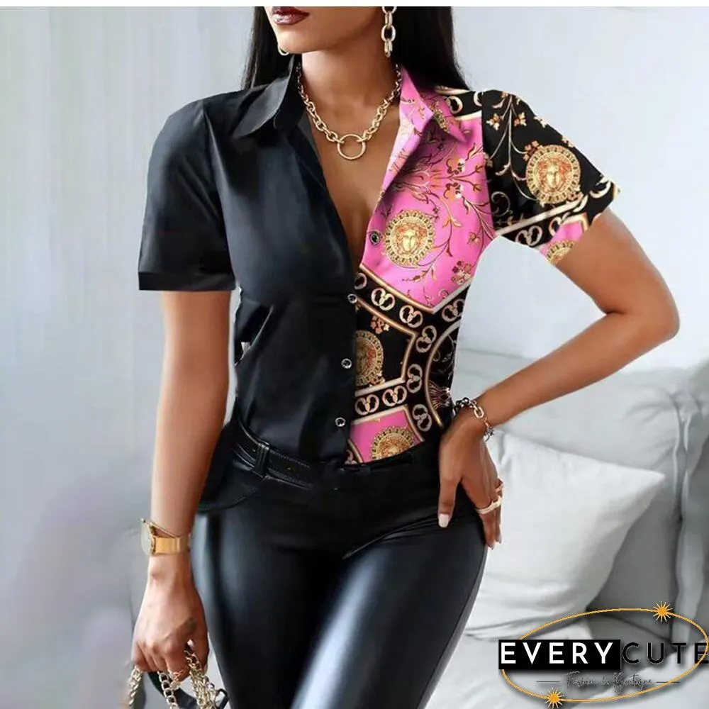 Summer Women Black Floral Print Top Shirt Fashion Casual Short Sleeve Turn-down Collar Tops Shirts New Elegant Slim Button Shirt