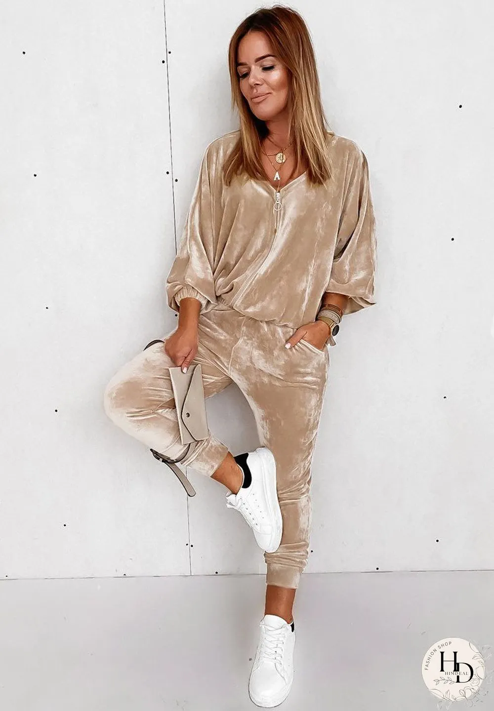 V Neck Zipper Coat And Pants Suit