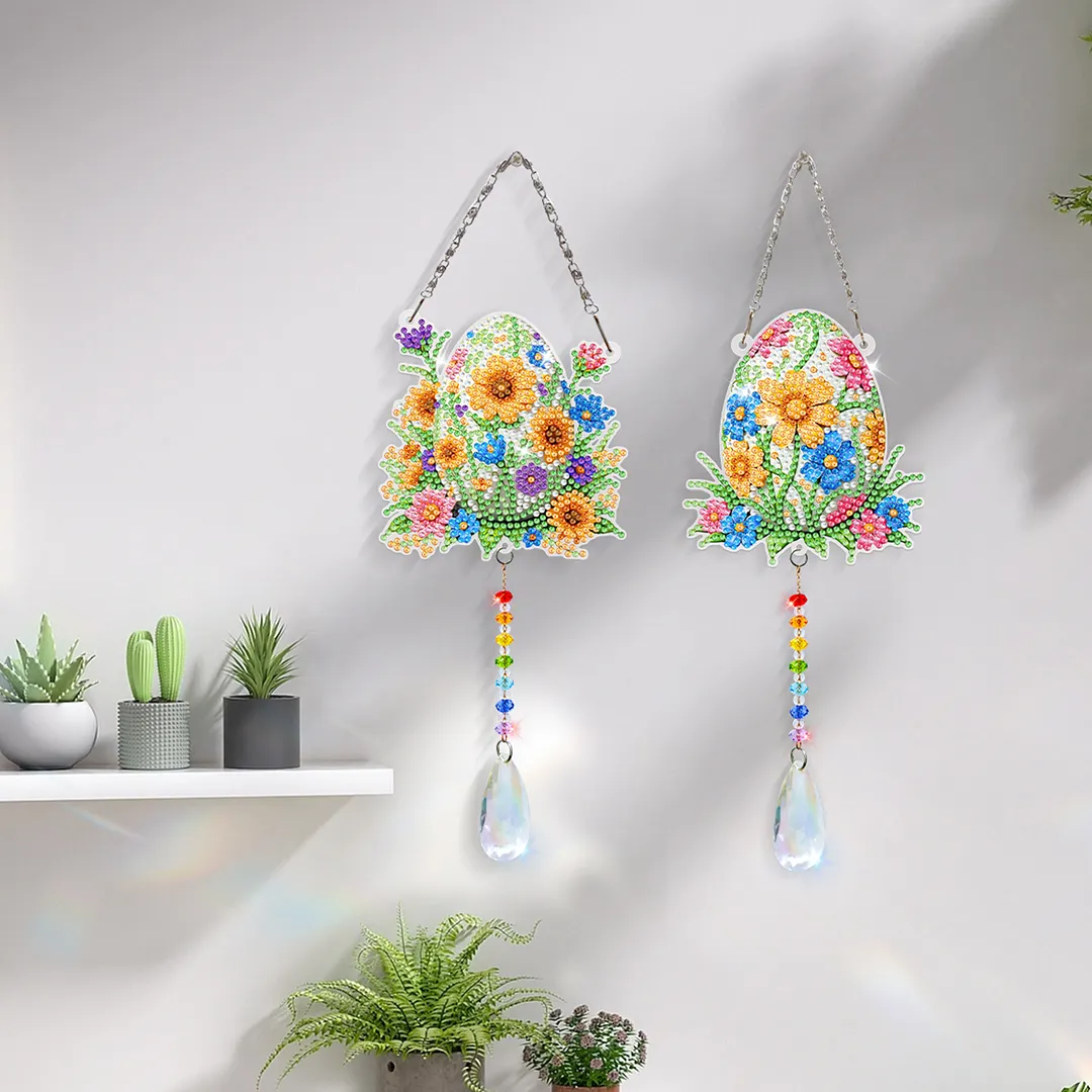 2Pcs Flower Easter Egg DIY Acrylic Diamond Painting Art Wind Chimes with Crystal Pendant Diamond Art Hanging Pendant Double-Sided for Adults Beginners Gift Home Garden Decor