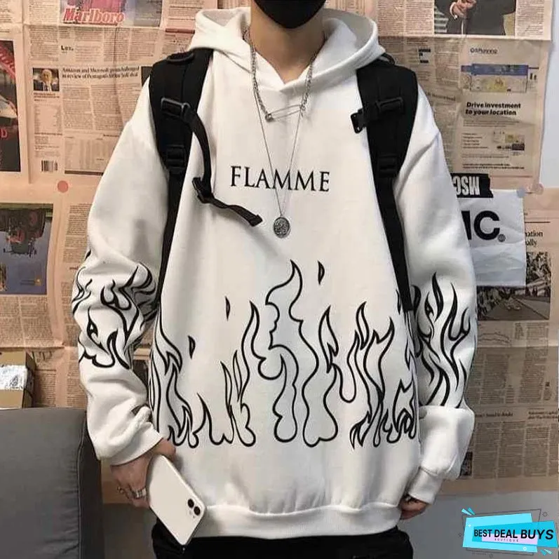 Christmas Gift Gothic Flame Printed Hoodies Women Man Korean Style Oversized Harajuku Sweatshirt Female Autumn Long Sleeve Pullovers Tops