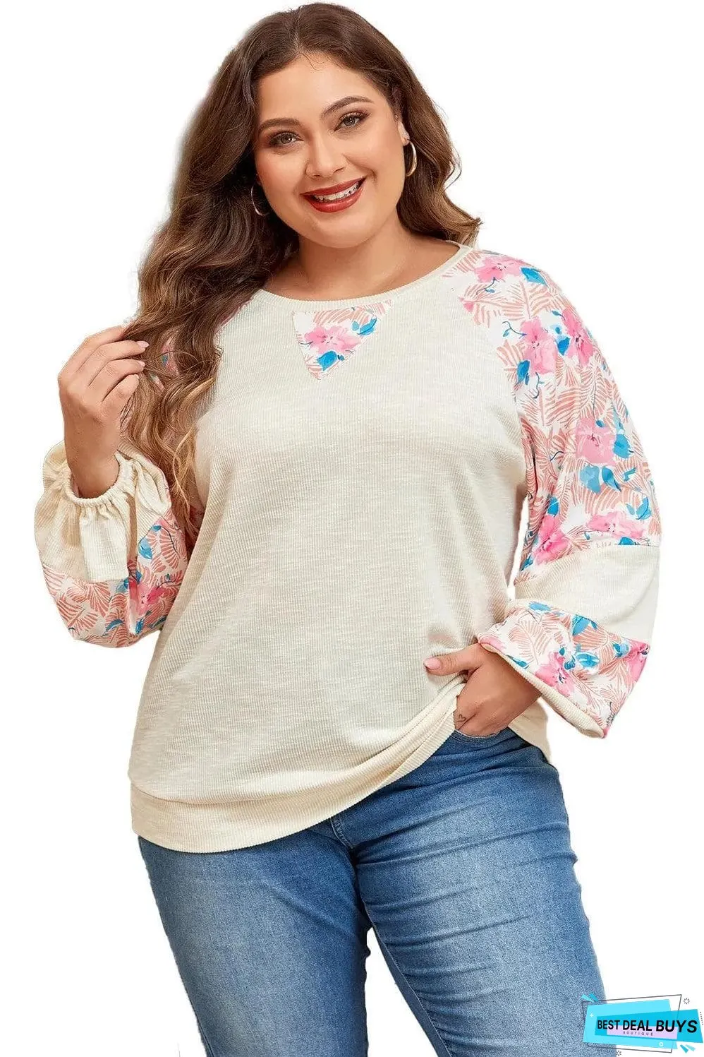 Apricot Plus Size Floral Patchwork Ribbed Puff Sleeve Top