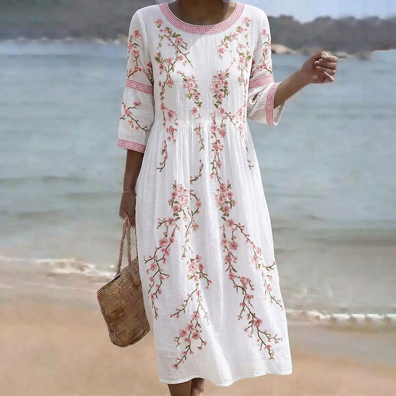 Comstylish Women's Japanese Flower Art Crew Neck Linen Blend Midi Dress