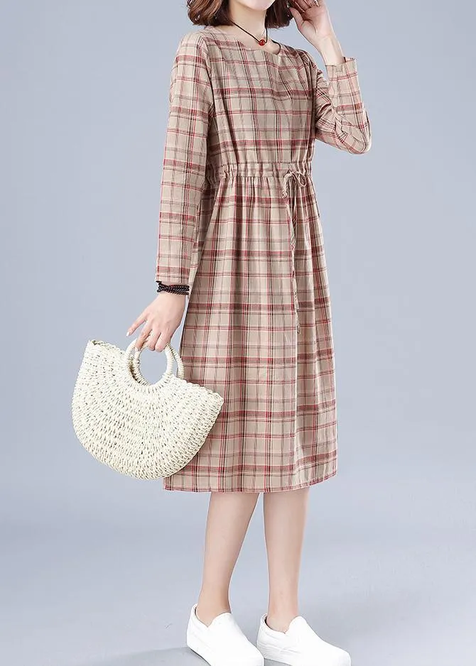 Women O Neck Drawstring Spring Clothes Ideas Nude Plaid Dresses