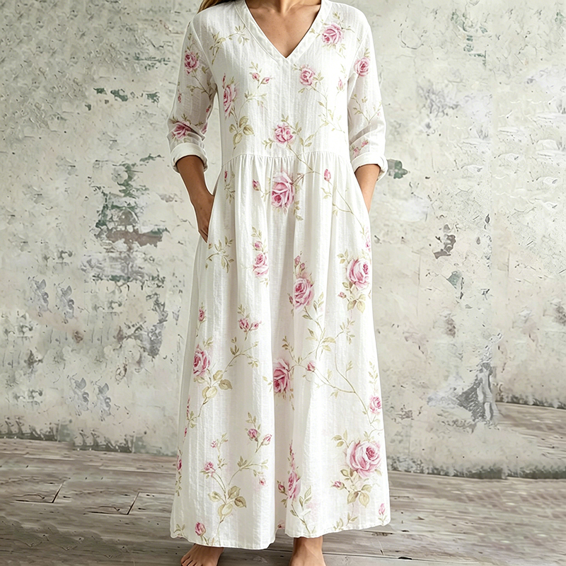 Comstylish Women's Vintage Floral Art Casual Linen Dress