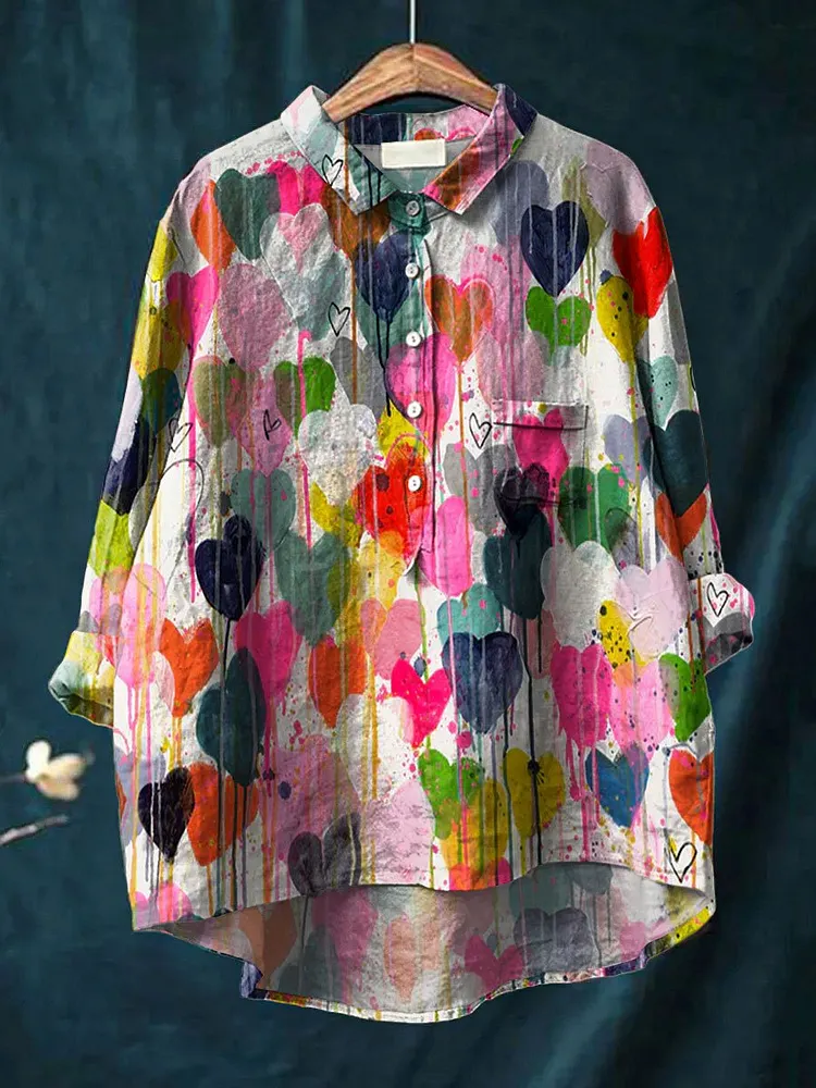 Womens Vintage Loving Heart Art Print Casual Cotton And Linen Shirt