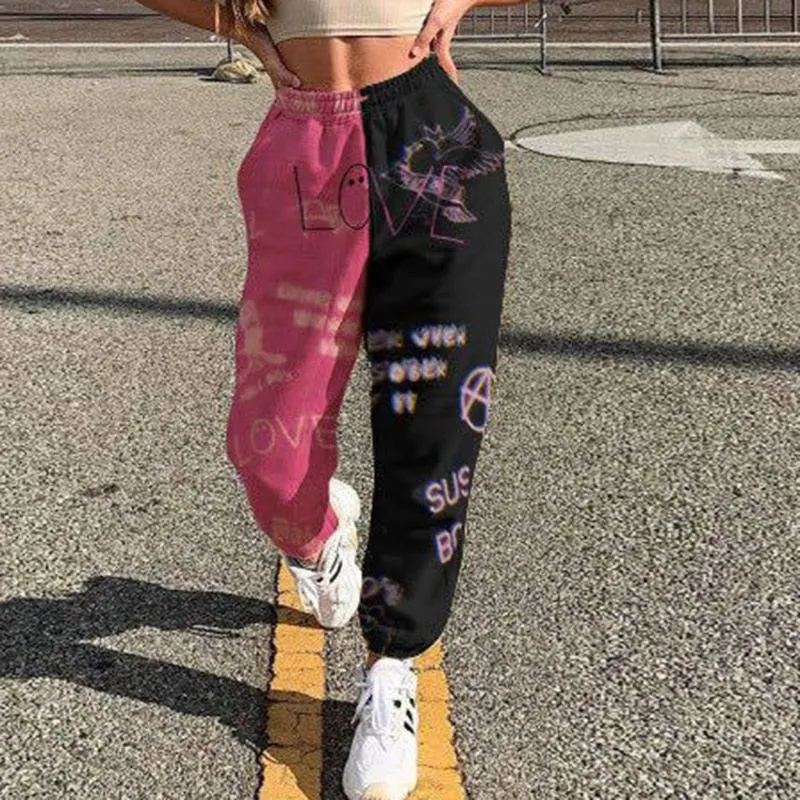 Women Casual Skull Print Patchwork Pants Spring Autumn Elastic Waist Pocket Loose Pencil Pants Female Streetwear Warm Sweatpants