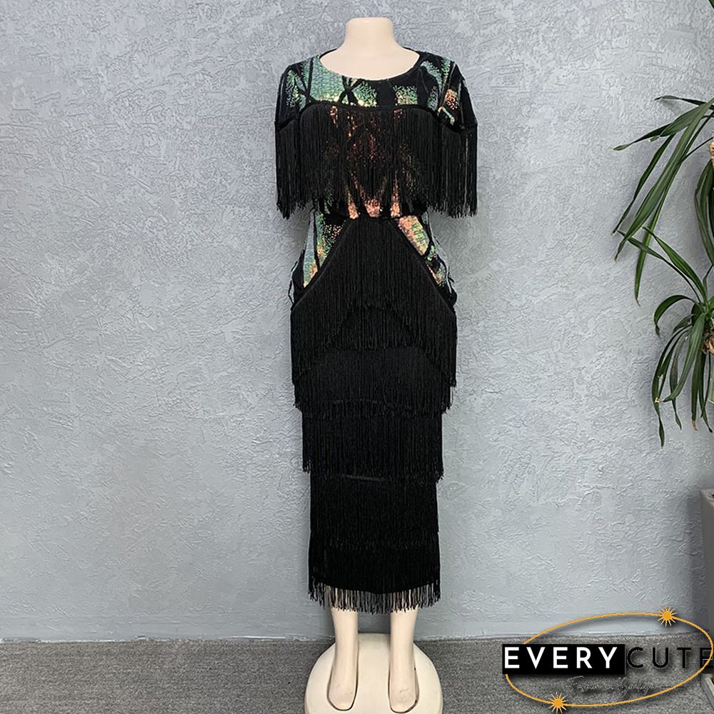 Women Summer Sexy Fringed Embellished Bodycon Celebrity Evening Dress Short Sleeve Fringe Tassel Club Party Dress Vestidos