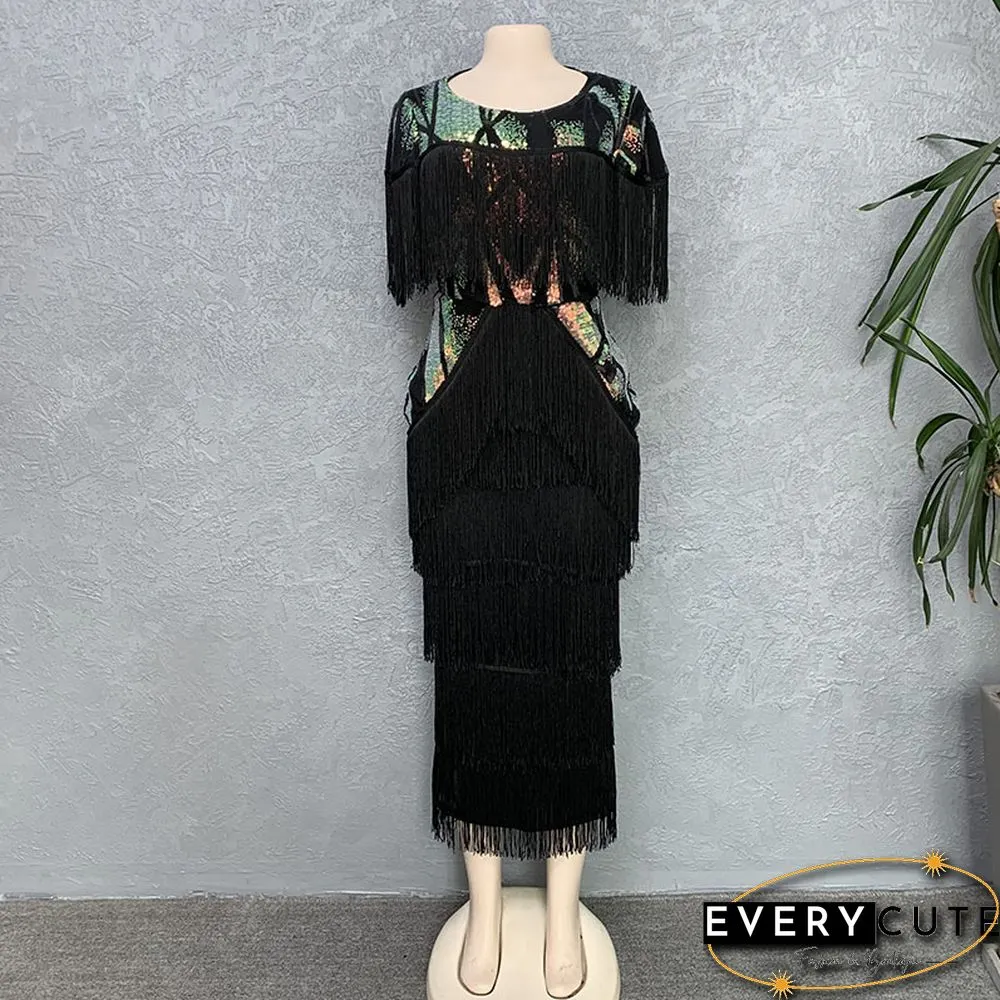 Women Summer Sexy Fringed Embellished Bodycon Celebrity Evening Dress Short Sleeve Fringe Tassel Club Party Dress Vestidos
