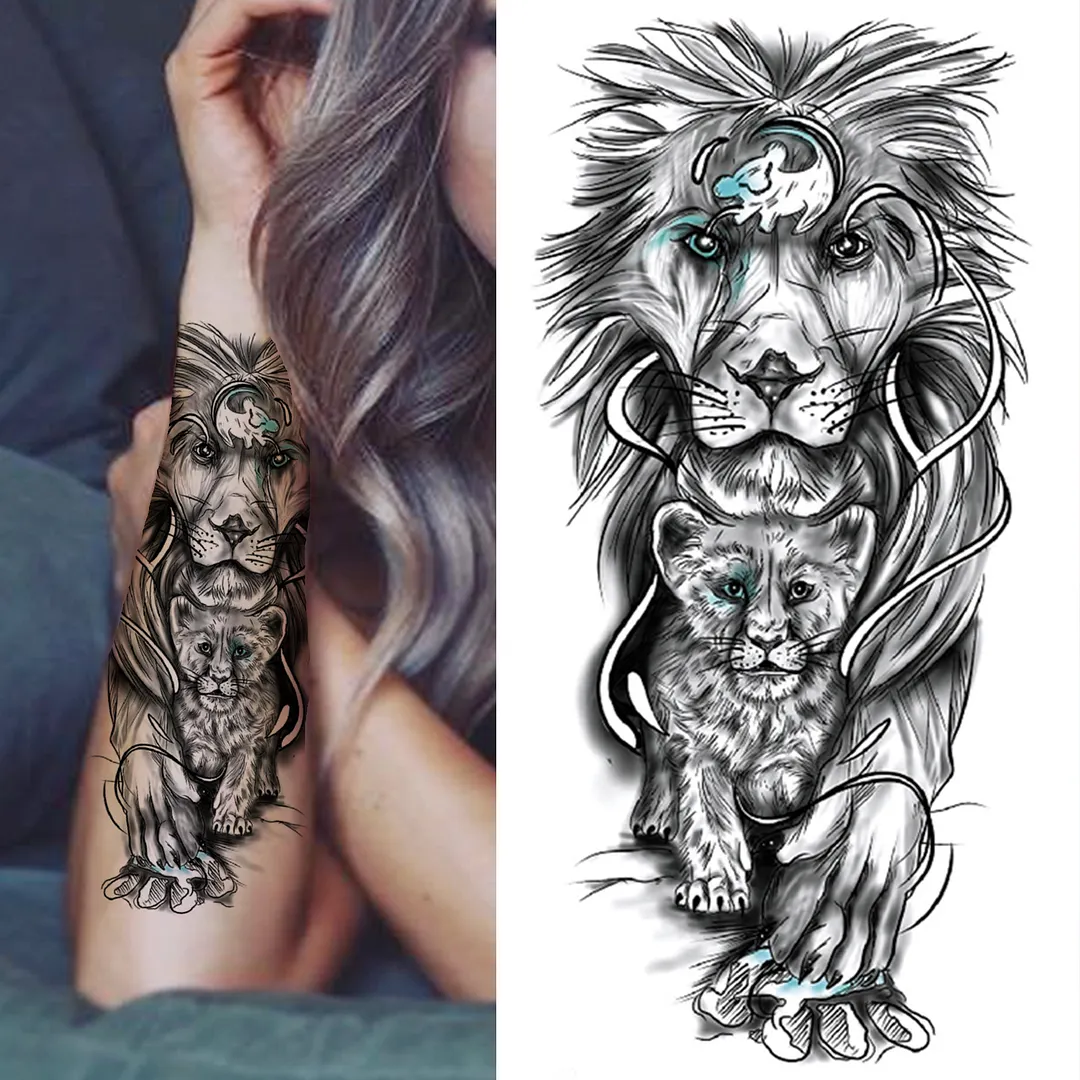 Sdrawing Lion Flower Temporary Tattoos For Women Men Kids Boy Black Tiger Skeleton Tattoo Sticker Fake Compass Tatoos Half Sleeve