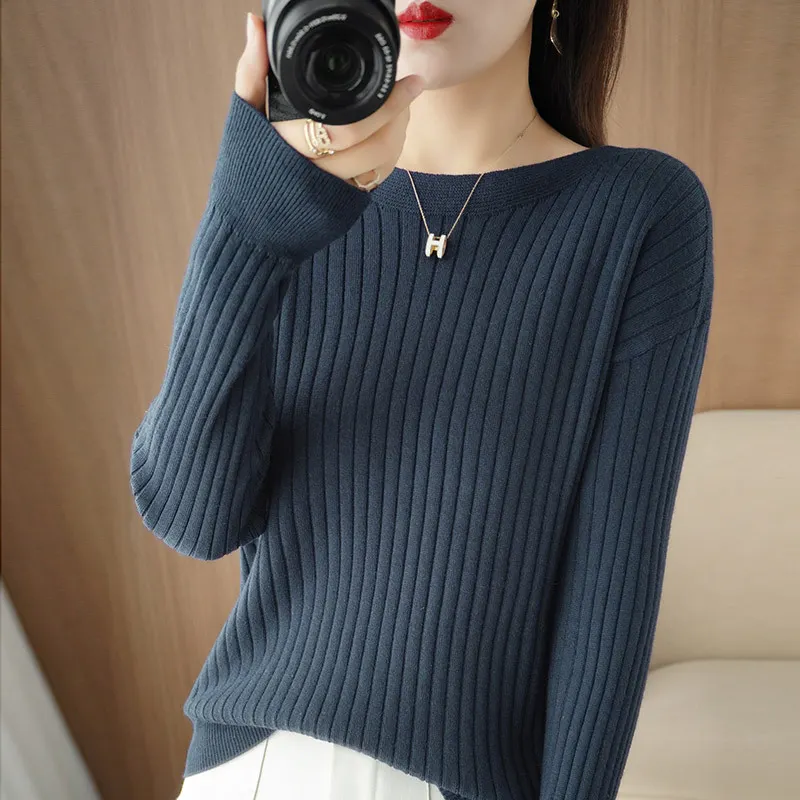 Churchf Churchf Round Collar Knit Women's Thin Early Spring And Autumn With A Sweater Long-Sleeve T-Shirt Wool Undershirt Loose.
