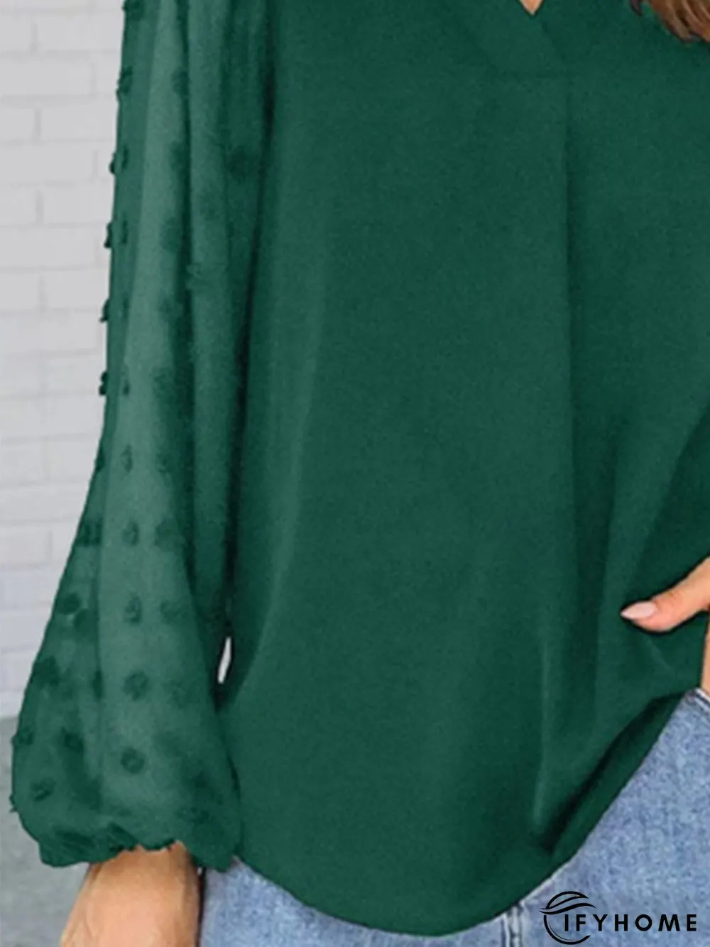 Plain Jacquard Elastic Cuff Long Sleeve V Neck Casual Top | IFYHOME