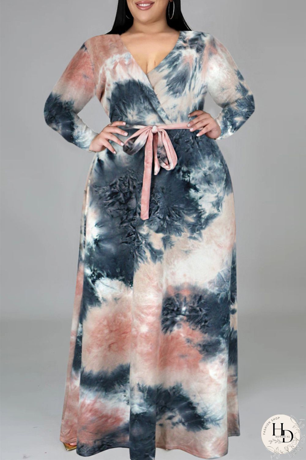 Colour Fashion Casual Print Tie-dye V Neck Long Sleeve Plus Size Dress
