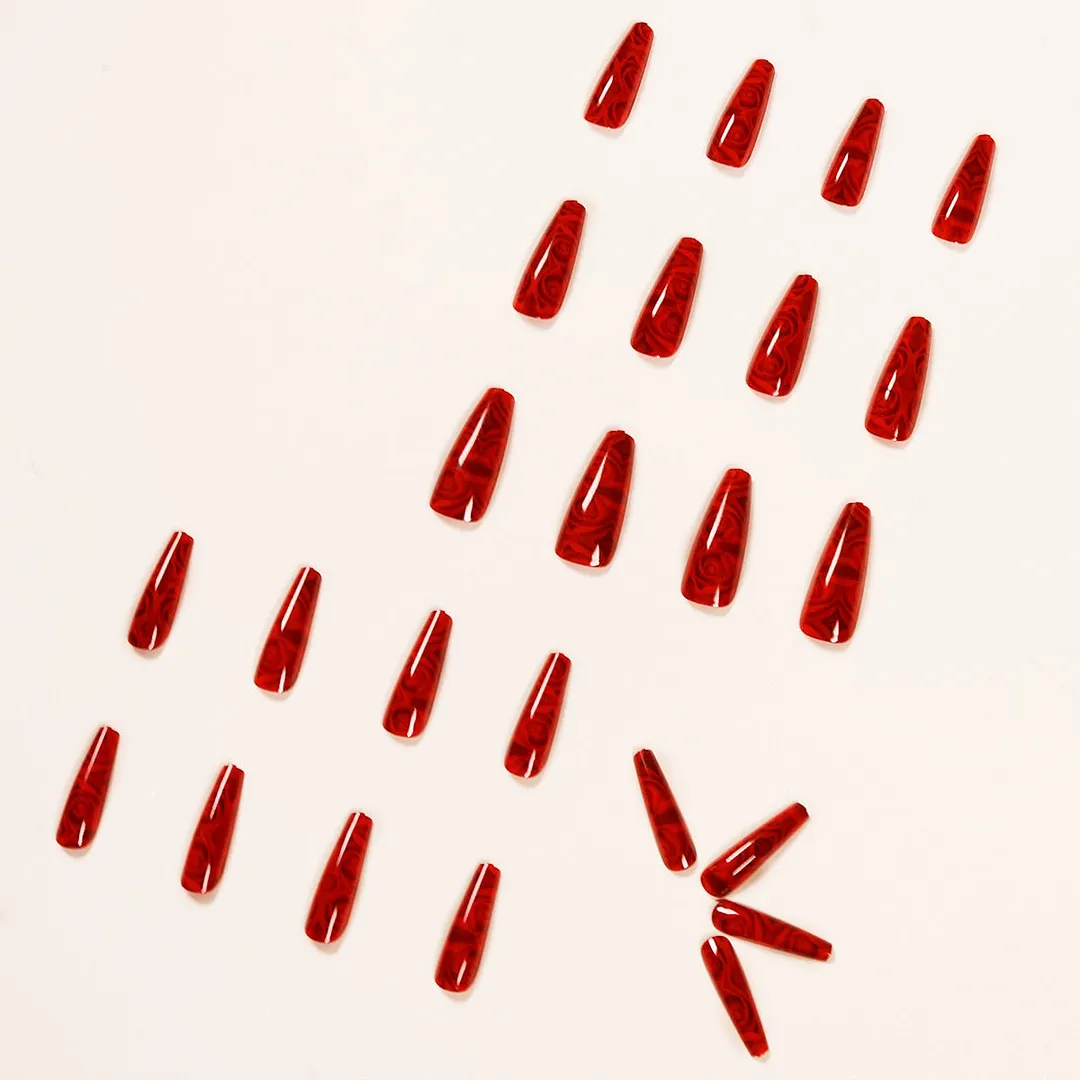24pcs Red Rose Pattern Fake Nails Full cover Fake Nails Glue DIY Manicure Nail Art Tools-Nail Inspo
