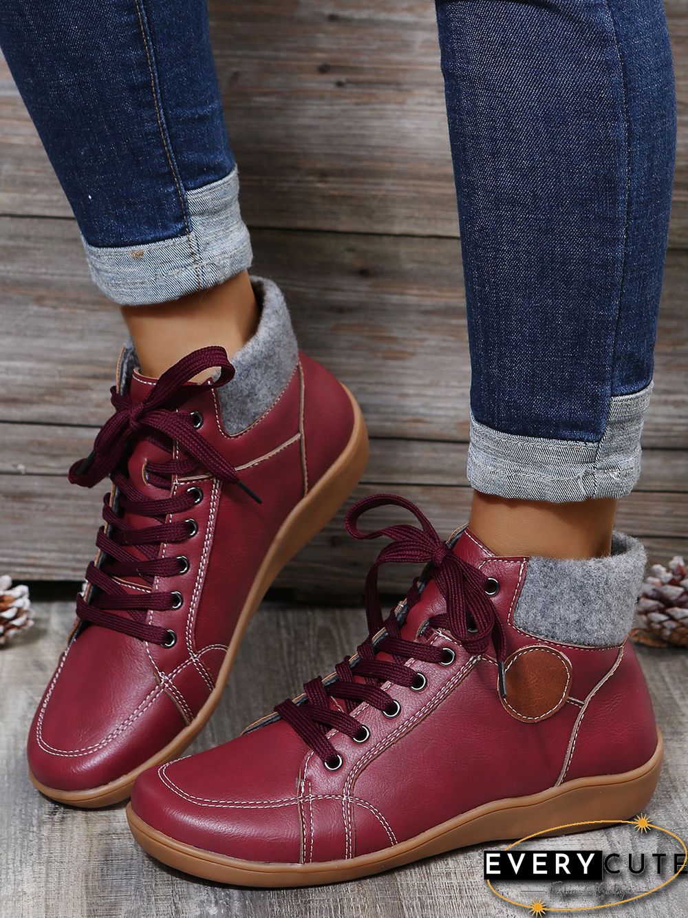 PU Leather Suede Panel Casual Short Boots
