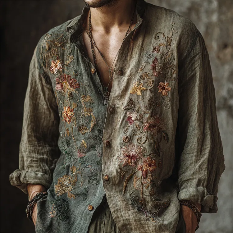 Men's Vintage Boho Floral Embroidered Contrast Linen Shirt