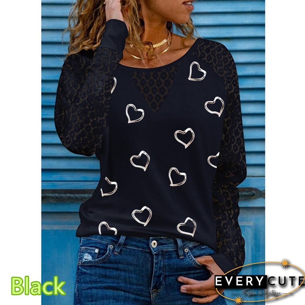 Spring and Early Autumn New Fashion Women's Love Printed Lace Long Sleeve Casual Top Loose Plus Size Soft and Comfortable Round Neck Bottoming Shirt XS-5XL