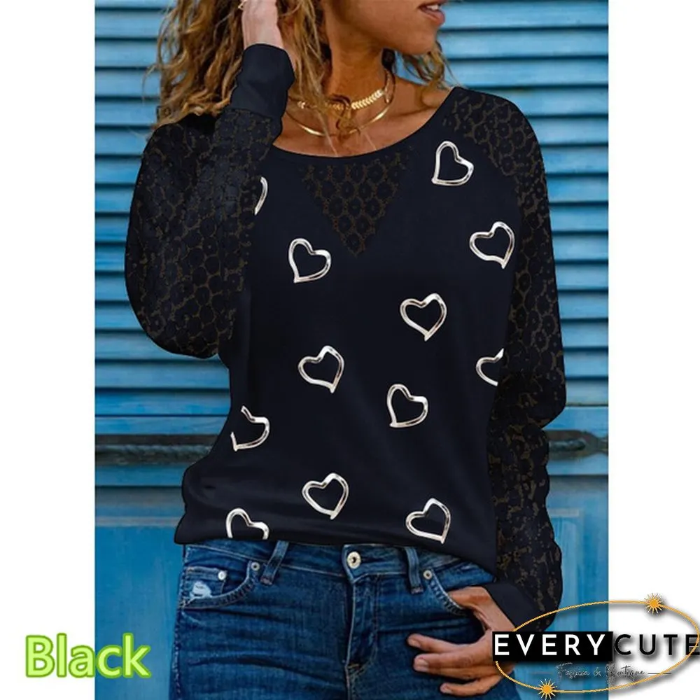 Spring and Early Autumn New Fashion Women's Love Printed Lace Long Sleeve Casual Top Loose Plus Size Soft and Comfortable Round Neck Bottoming Shirt XS-5XL