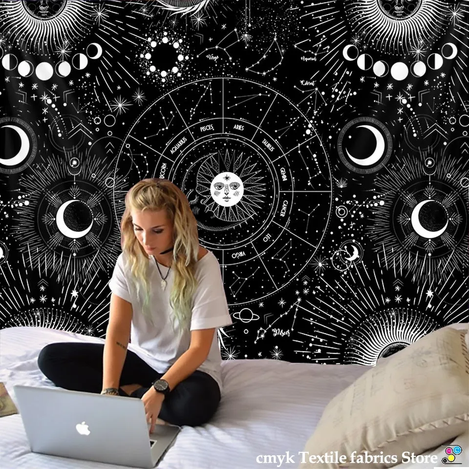 White Black Sun Moon Mandala Starry Sky Tapestry Wall Hanging Bohemian Gypsy Psychedelic Tapiz Witchcraft Astrology Tapestry