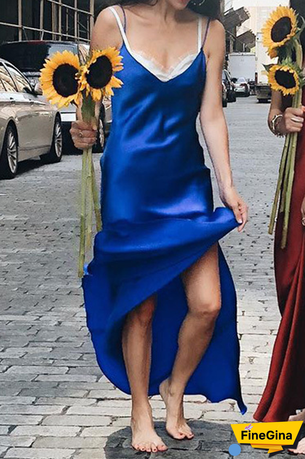 Fashion Casual Solid Split Joint Slit V Neck A Line Dresses  (Without Belt)（5 colors）