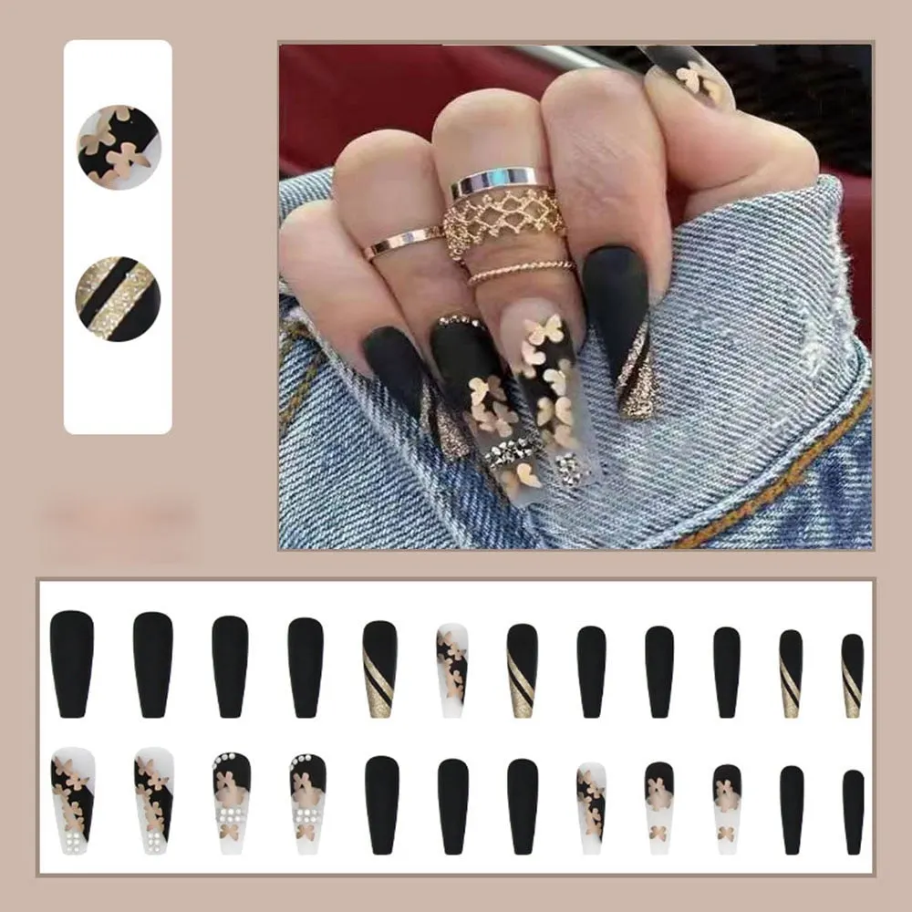 Golden Butterfly Pattern False Nails With Diamond Full cover Fake Nails Glue Manicure Nail Art Tools Long Coffin Ballerina Nails