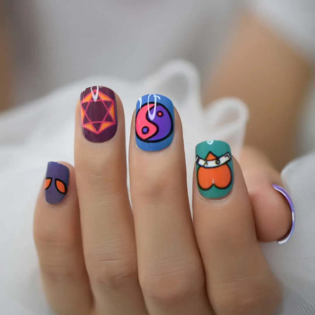 Colorful Anime Fingernails Press On Nails 2021 Magic Cartoon Pattern Square Short Full Cover Nails Gels/teens Nails Art Salely-Nail Inspo