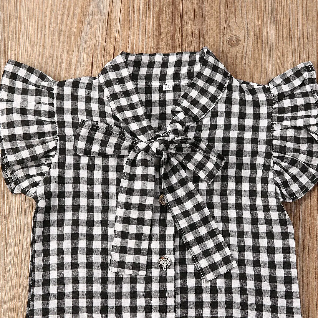 2020 Baby Summer Clothing Infant Kids 1-4T Infantil Kids Baby Girls 3Pcs Set Checked Bowtie Shirts PU Leather Skirts Headband