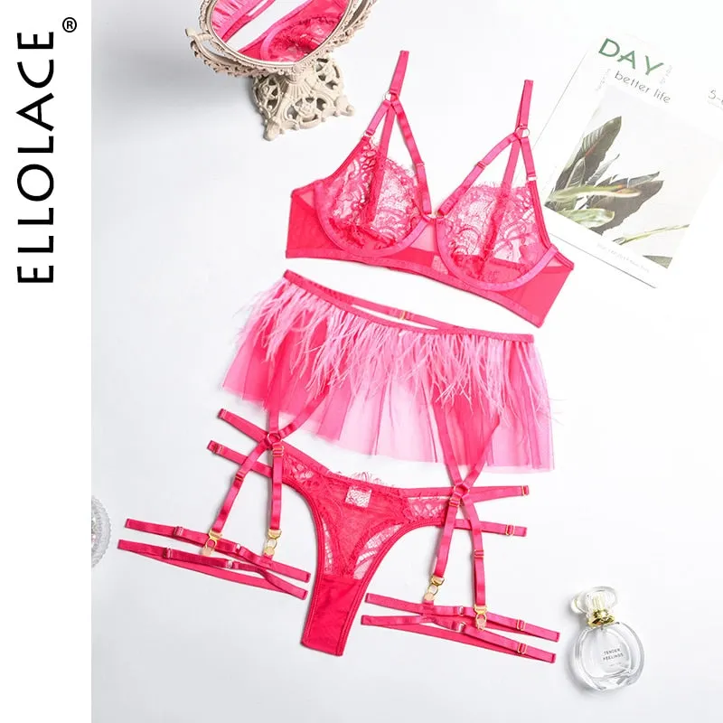 Ellolace Fancy Feather Lingerie 3-Pieces Sensual Underwear Lace Underwire Bra Ruffled Garters Transparent Beautiful Bilizna Set