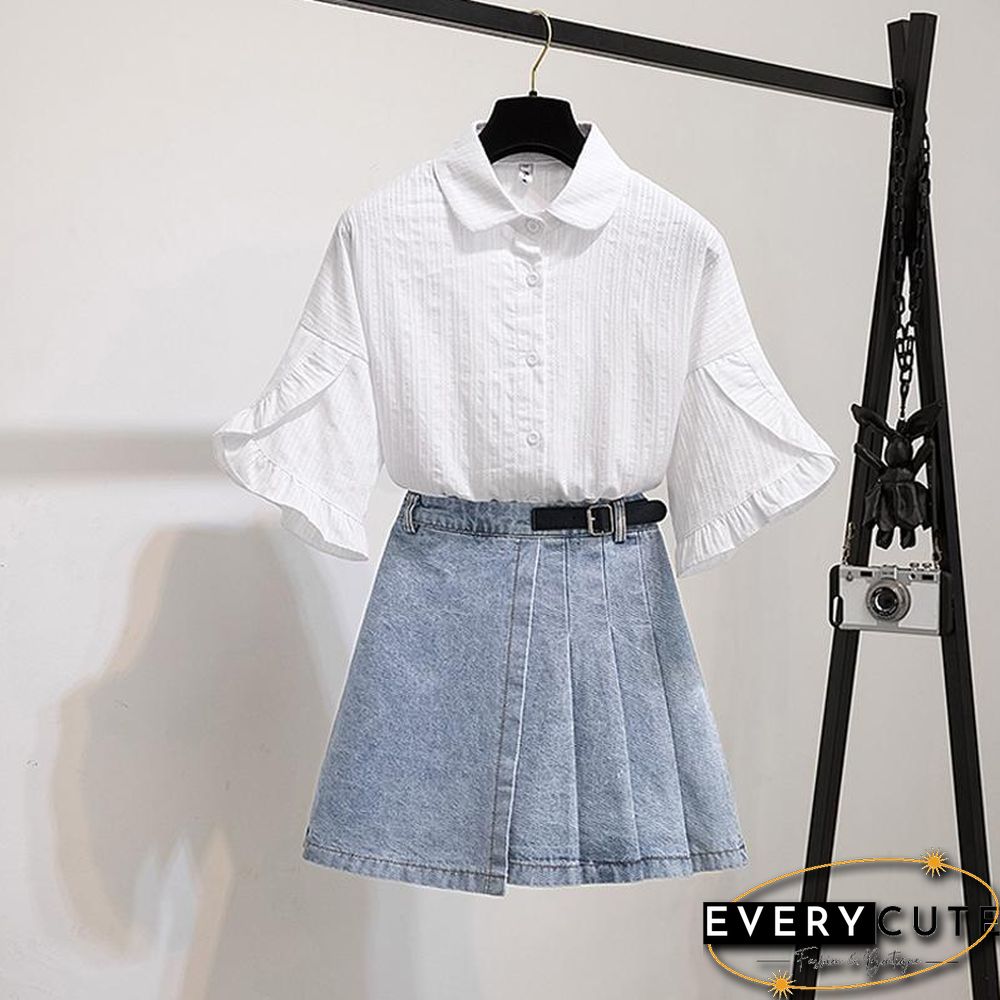 Fashion Blouse+Denim Pleated Skirt P11509