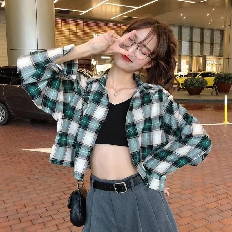 Blouses Shirts Women Plaid Long Sleeve Crop Top All-match Korean Style Leisure Preppy Street Loose Womens Fashion Ins Chic Retro 1029-1