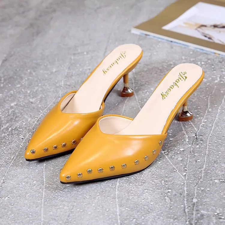 Yyvonne Version Slippers 2024 Summer New Pointed Riveted Stilettos Fashion One-Word Slippers Women's Head Sandals