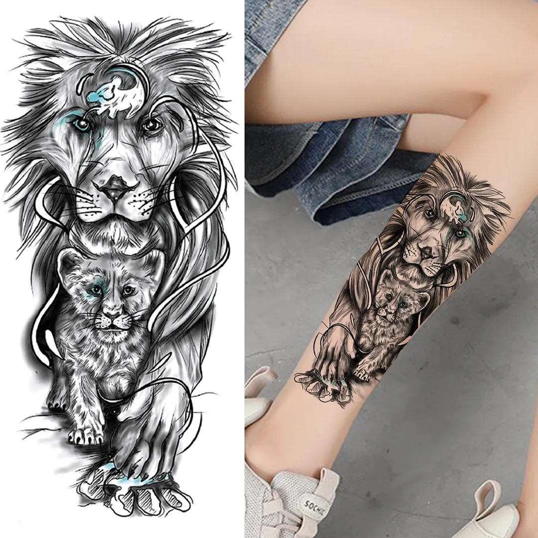 Cross Lion Temporary Tattoo For Women Men Adult Skull Tiger Wolf Forest Tattoo Sticker Black Fake Realistic Demon Tatoos Forearm 530