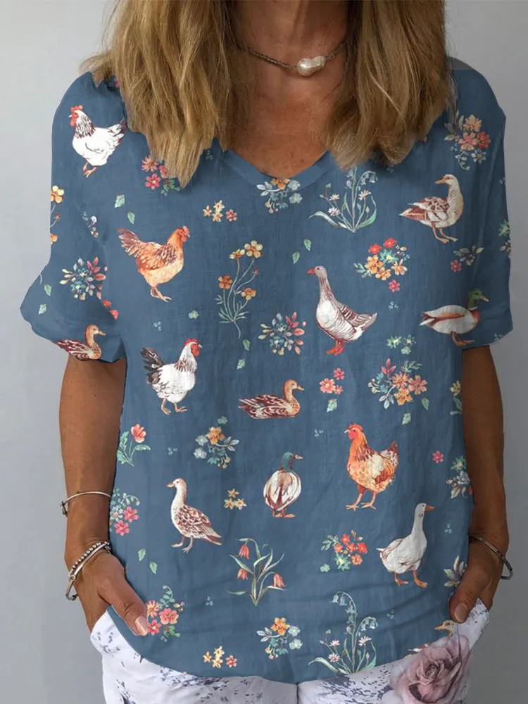 Women's Farm Animal Print Casual V-Neck Cotton And Linen Top