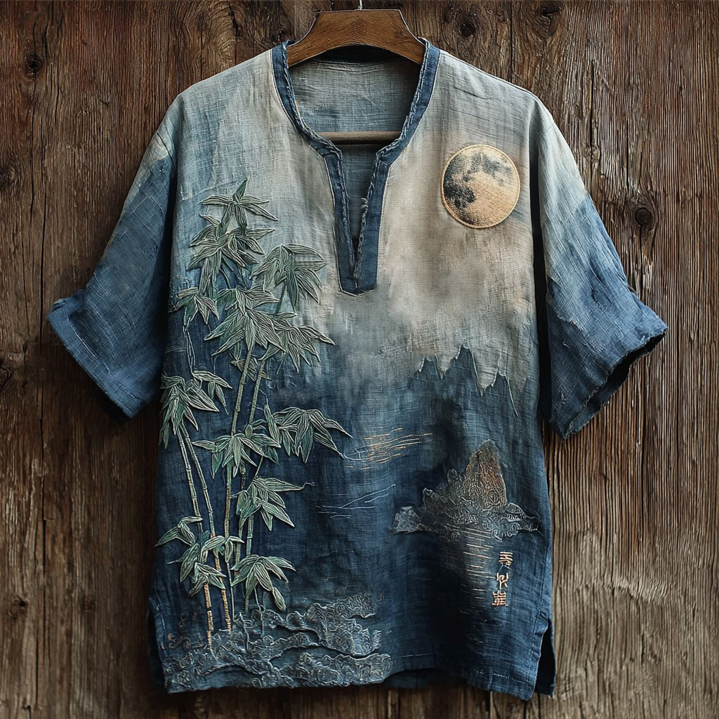 Men's Japanese Moonlit Bamboo Embroidery Art Linen Shirt  artssus