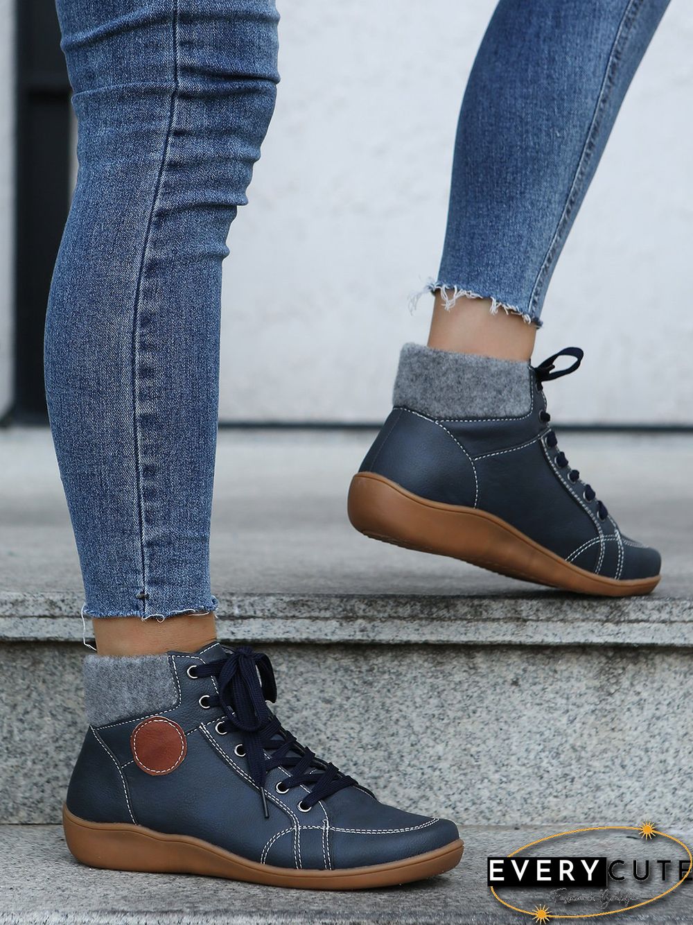 PU Leather Suede Panel Casual Short Boots