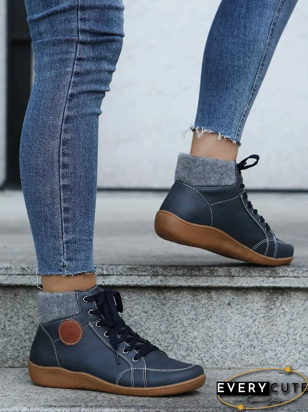 PU Leather Suede Panel Casual Short Boots