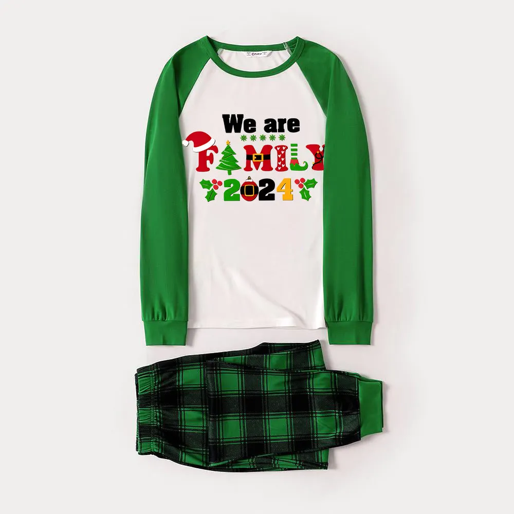 Christmas We are Family 2024 Letter Print Green & Black Plaid Family Matching Pajamas With Dog